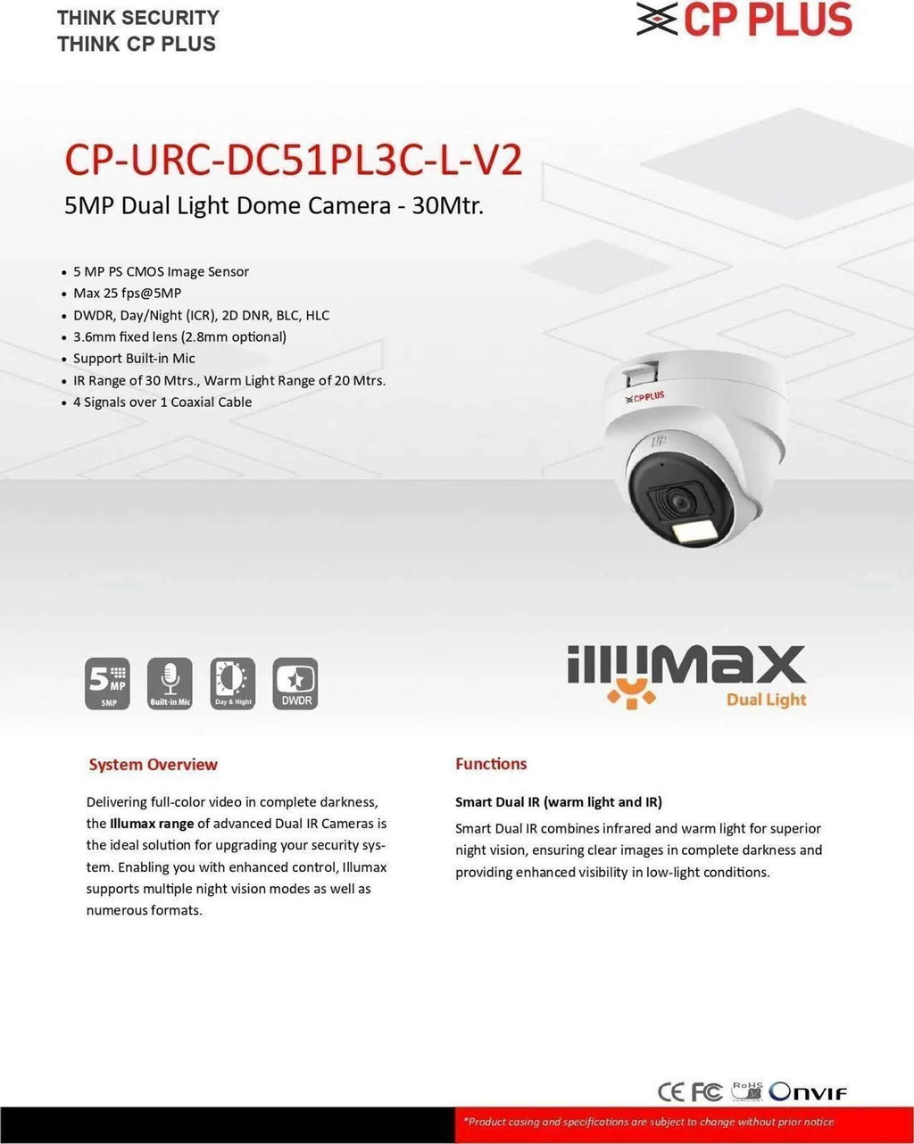 CP Plus 5MP Dual Light Dome Camera CP-URC-DC51PL3C-L