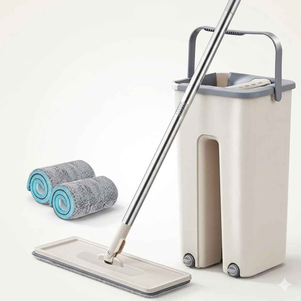 Mop Heavy Quality Floor Mop with Bucket Flexible Kitchen tap Flat Squeeze Cleaning Supplies 360 Flexible Head/2 Reusable Pads Clean Home Kitchen
