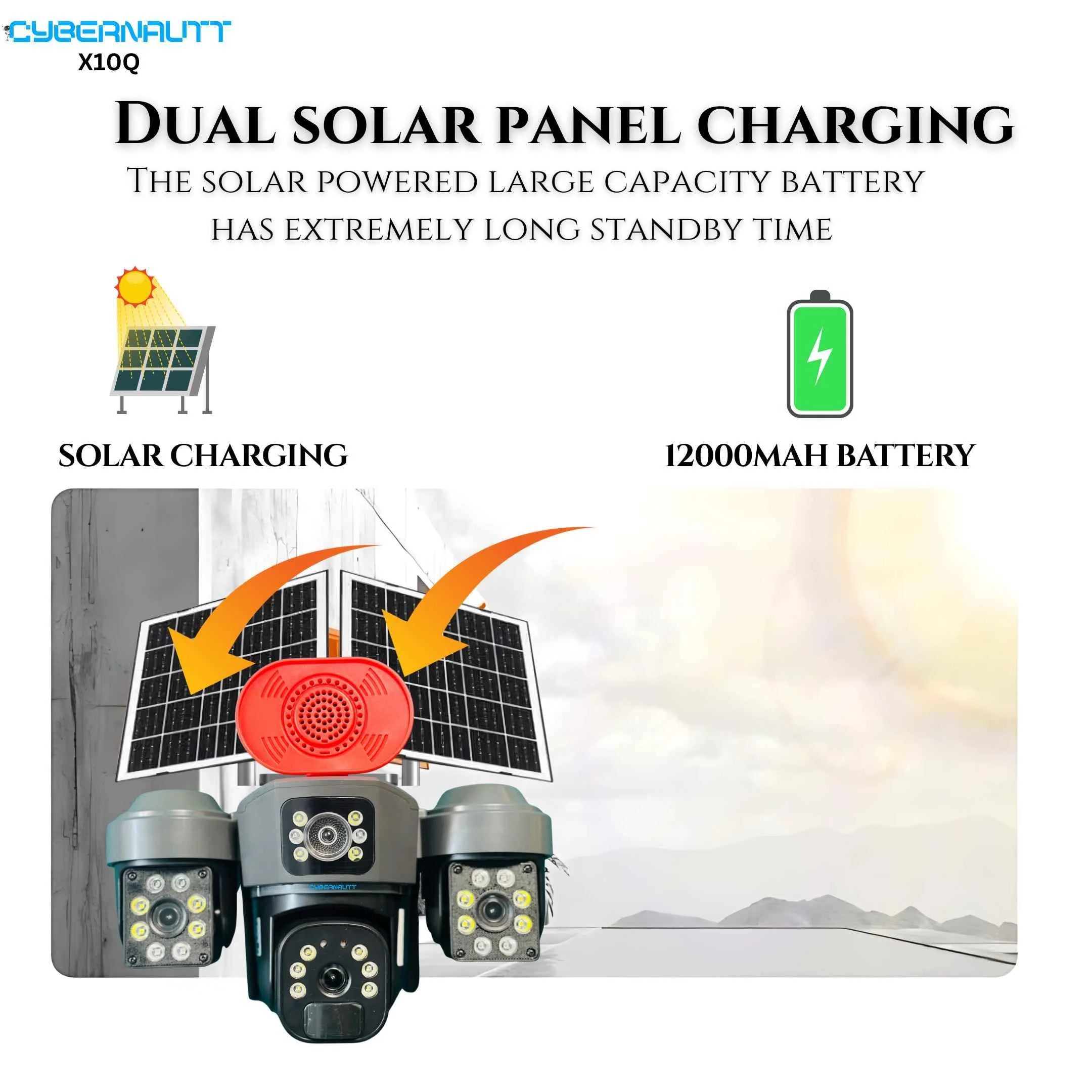 Cybernautt X10Q 4MP+4MP+4MP Triple Lens Full HD Battery Powered & Solar Sim Camera with Human Detection, Motion Detection & 2 Way Audio