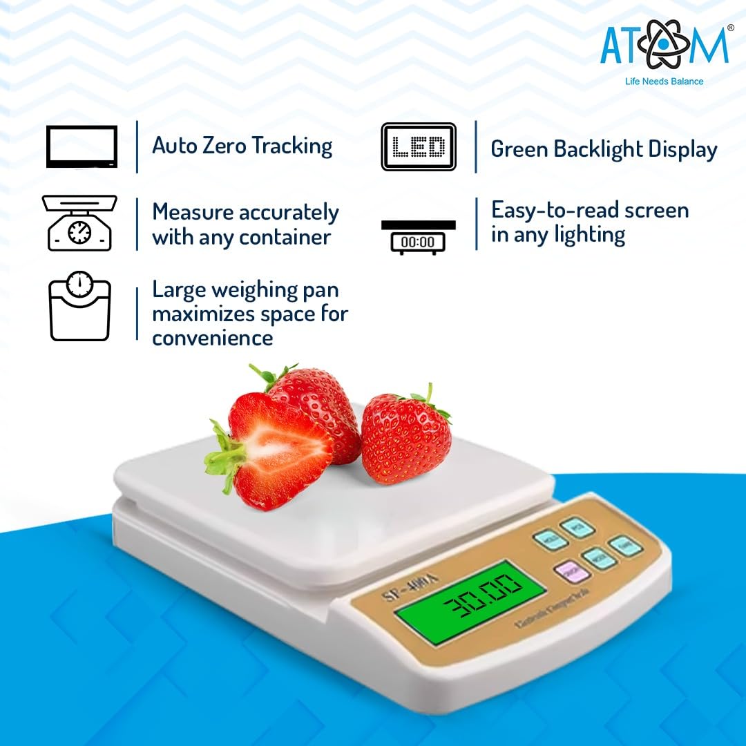 ATOM ALISTON K1 Series Digital Kitchen Weighing Scale 10 kg, Electronic Weight Machine with LCD Display for Baking, Cooking, Food & Diet, SF-400/A121. 6Months Warranty (Colour May Vary)