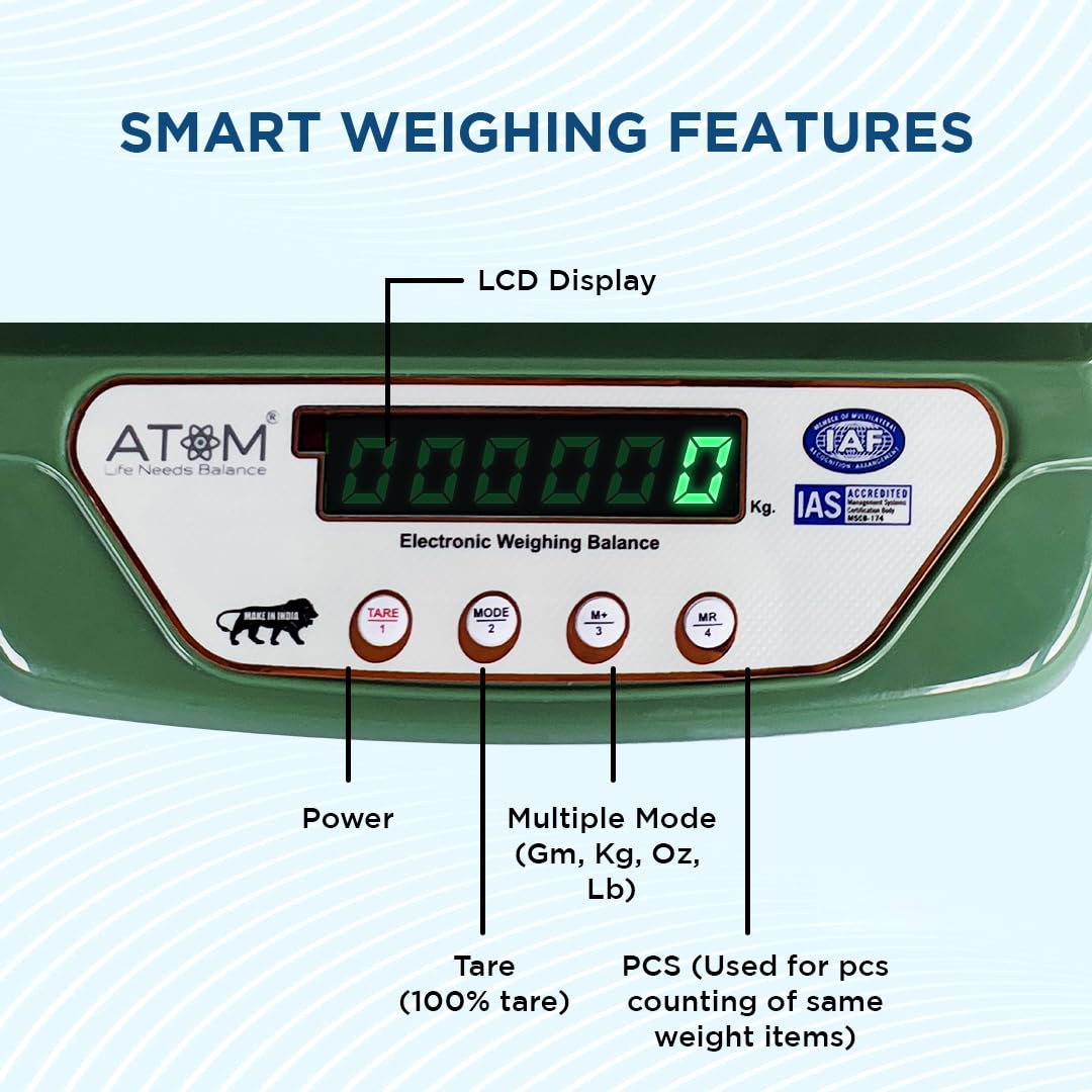 ATOM ALISTON K1 Series Digital Kitchen Weighing Scale 10 kg, Electronic Weight Machine with LCD Display for Baking, Cooking, Food & Diet, SF-400/A121. 6Months Warranty (Colour May Vary)
