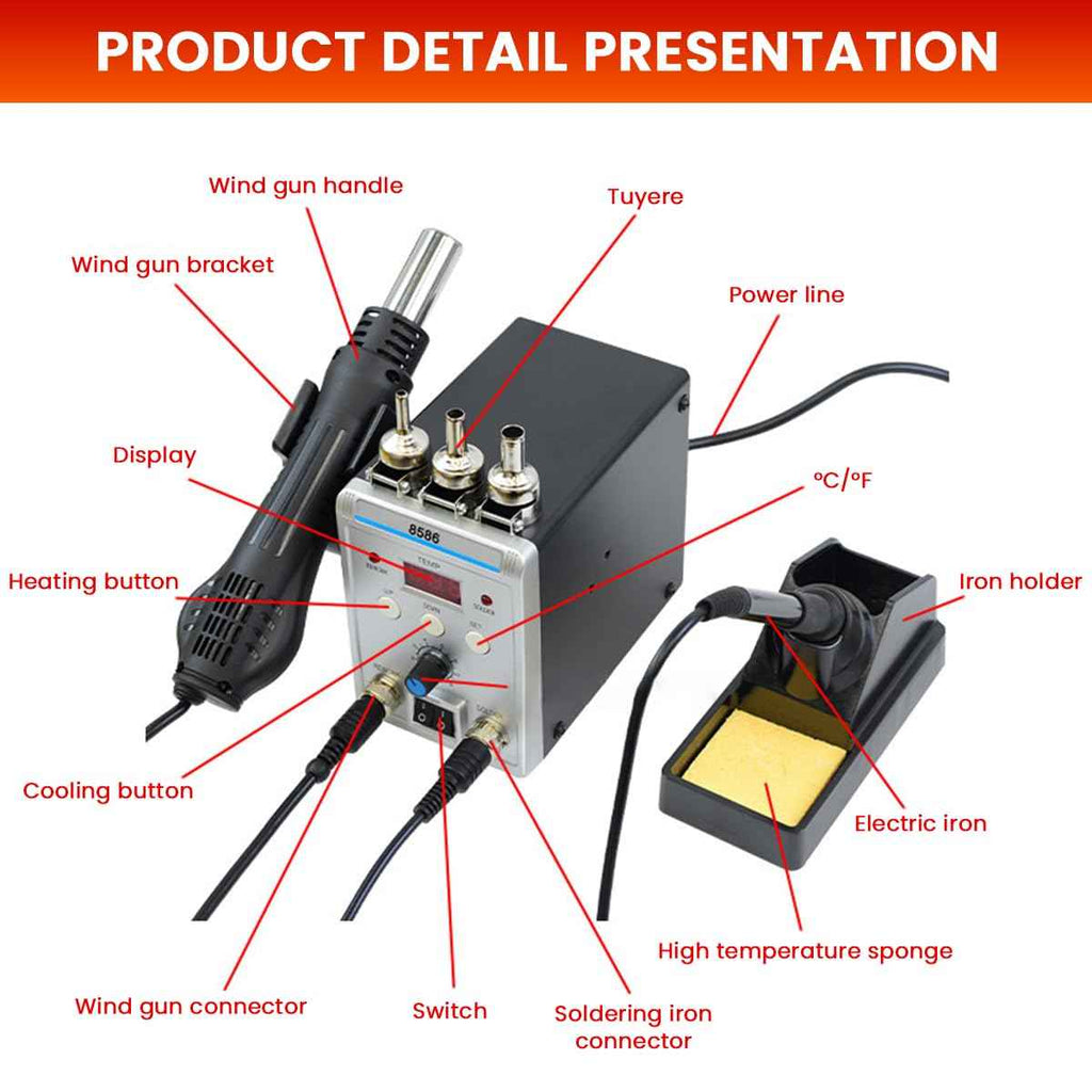 Serplex® 2 in 1 Hot Wind Gun Solder Iron SMD Rework Soldering Station Kit 700W/220V Tabletop Hot Wind Gun Tin Solder Iron Working Station Adjustable Soldering Station with LCD Digital Display