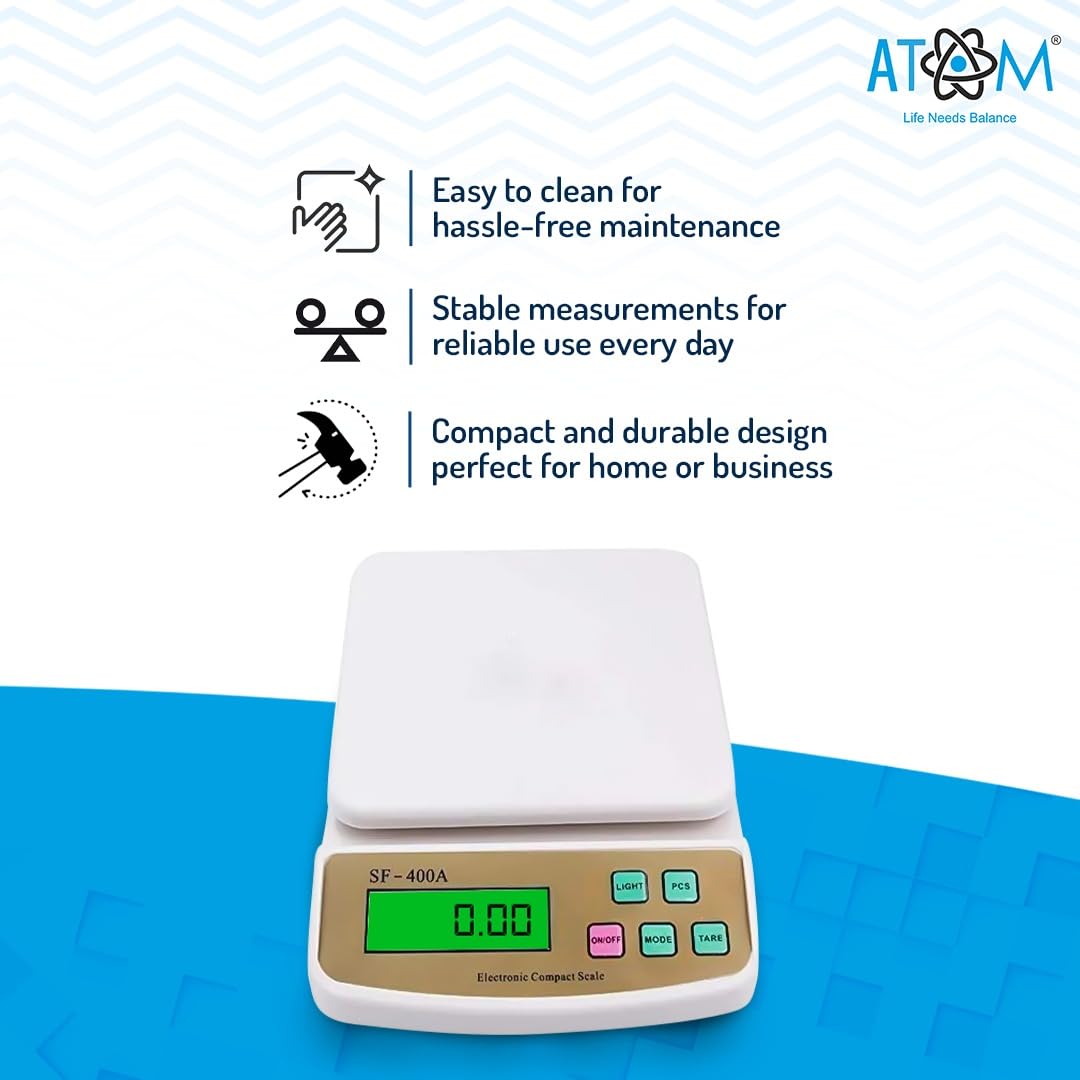 ATOM ALISTON K1 Series Digital Kitchen Weighing Scale 10 kg, Electronic Weight Machine with LCD Display for Baking, Cooking, Food & Diet, SF-400/A121. 6Months Warranty (Colour May Vary)