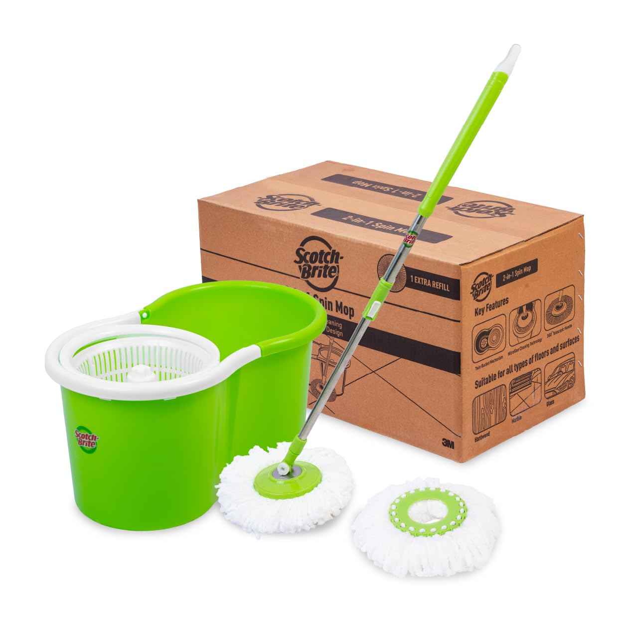 Scotch-Brite Twin Bucket Spin Mop with Easy Wring & Rinse System, 360° Adjustable Handle, High Absorbency Microfiber for Deep Cleaning on All Floor Types, 1 Extra Refill (Green