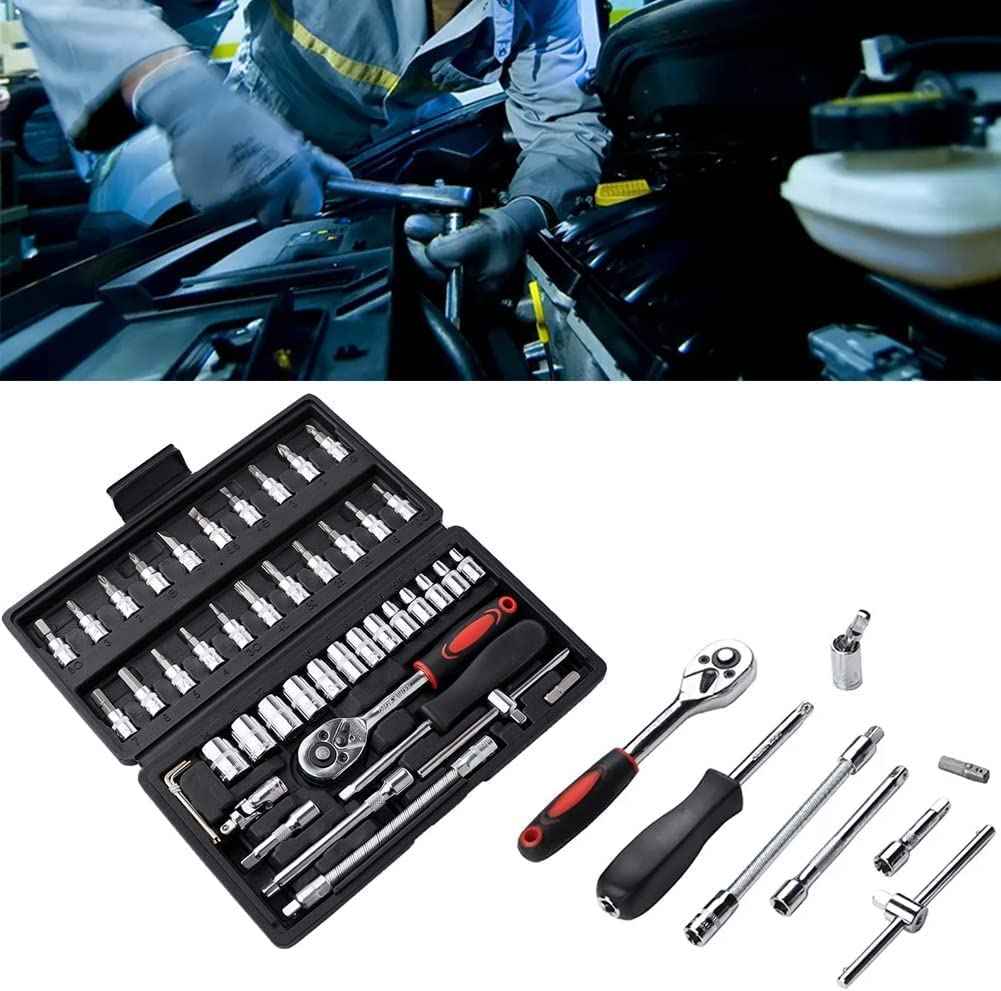 ZSIGNS 46Pcs 1/4 Inch Drive Box End Socket Set,Metric Ratchet Wrench Set With 4-14Mm Cr-V Sockets,S2 Bits,Extension Bars,Mechanic Tool Kits For Household Auto Repair (Black), Chrome Vanadium Steel