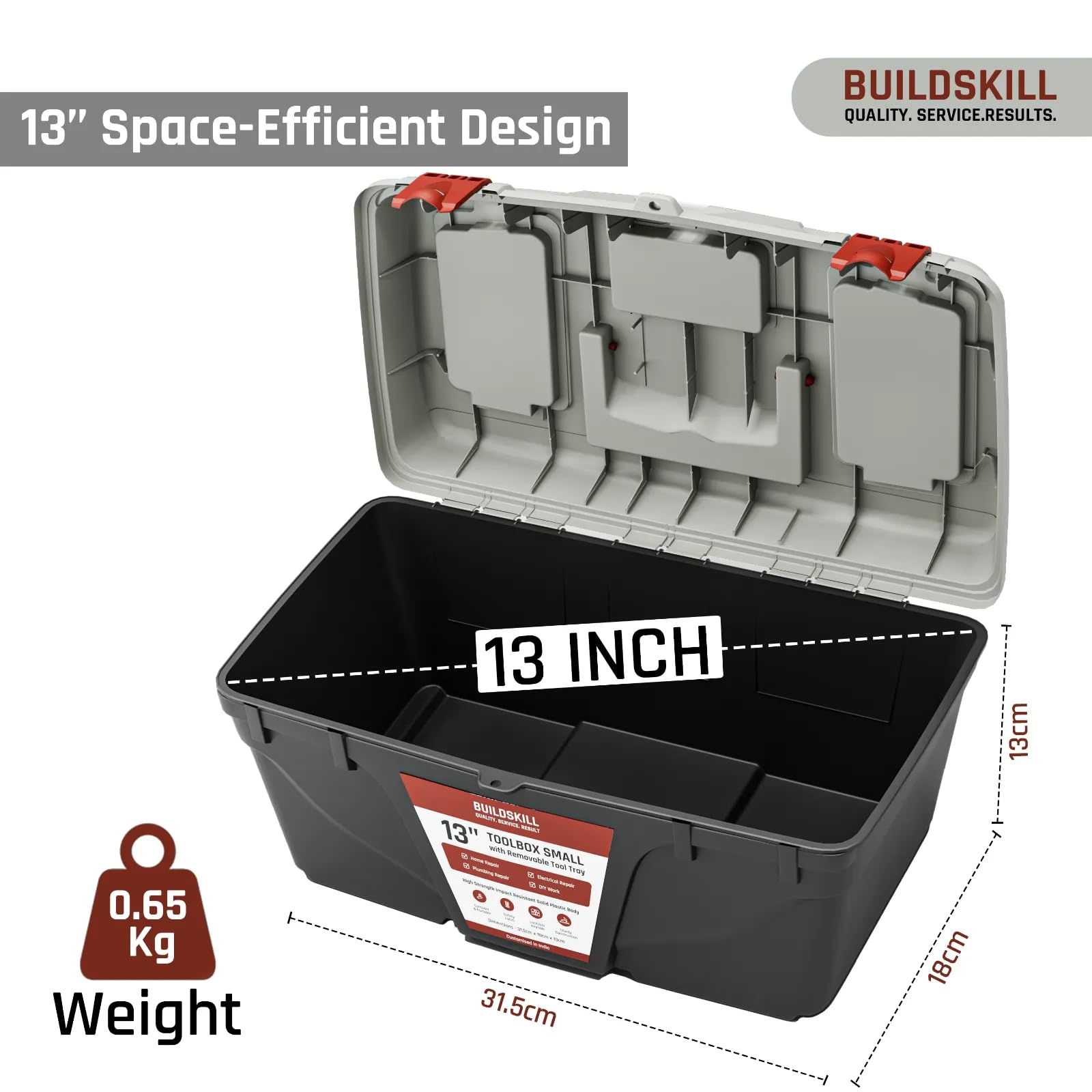 BUILDSKILL 16" Medium Tool Box for Home | Convenient Top Lids & Removable Tool Tray | Secure Latch Lock | Key Hole | Heavy Duty Impact Resistant Body | Ideal Repair Toolbox for DIY & Professional Use