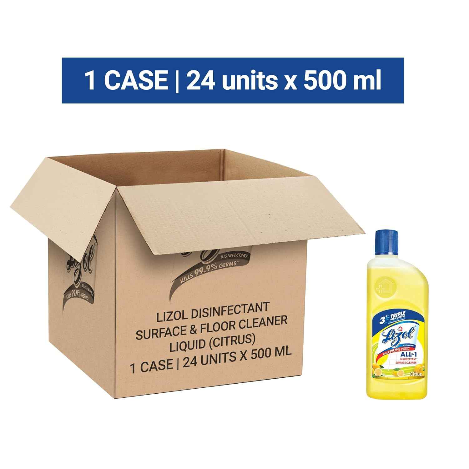 Lizol Disinfectant Surface & Floor Cleaner Liquid, Citrus - 500 ml (Pack of 24) | Large Bulk Lizol Floor Cleaners for Janitorial and Sanitation