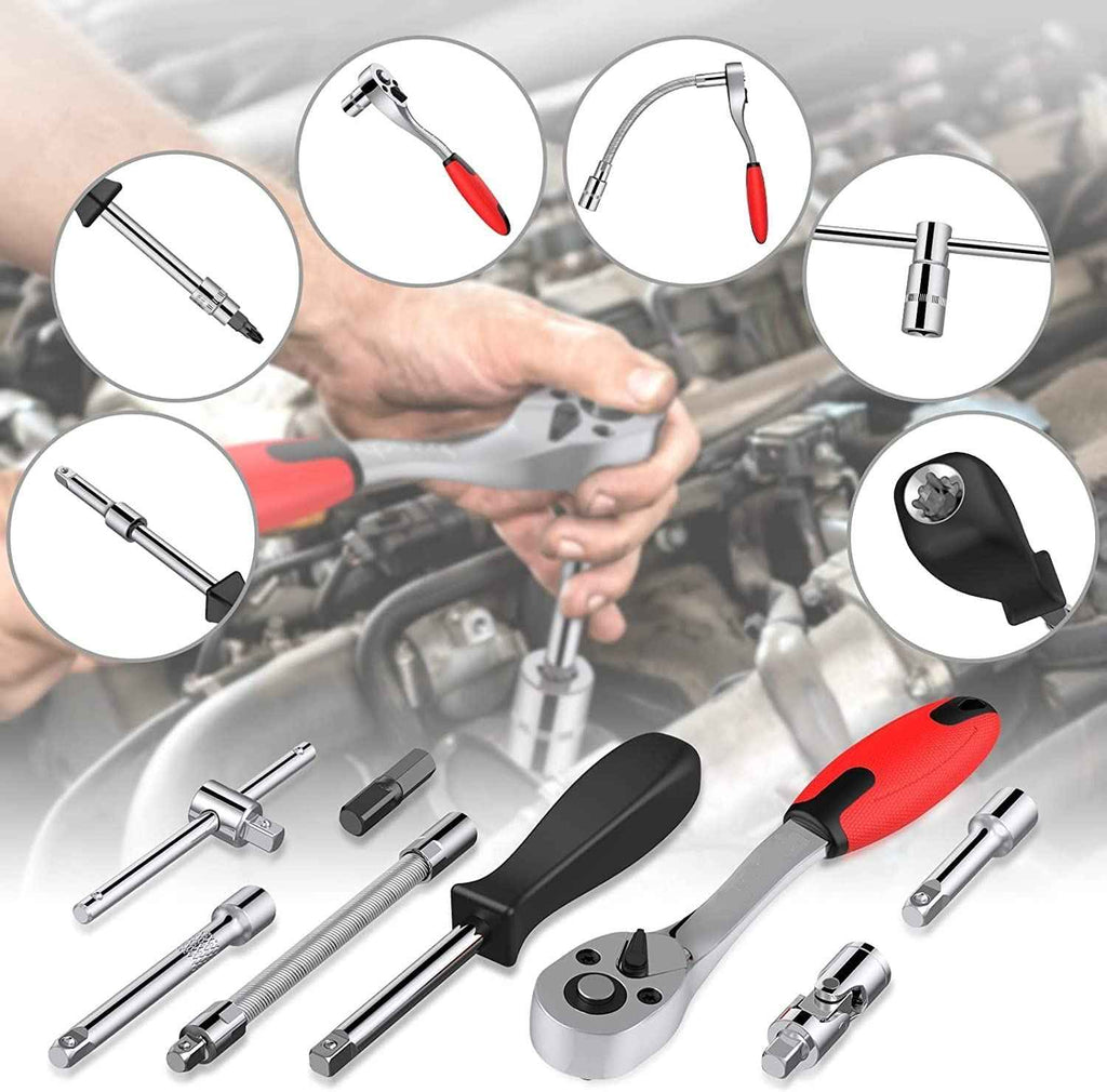 ZSIGNS 46Pcs 1/4 Inch Drive Box End Socket Set,Metric Ratchet Wrench Set With 4-14Mm Cr-V Sockets,S2 Bits,Extension Bars,Mechanic Tool Kits For Household Auto Repair (Black), Chrome Vanadium Steel