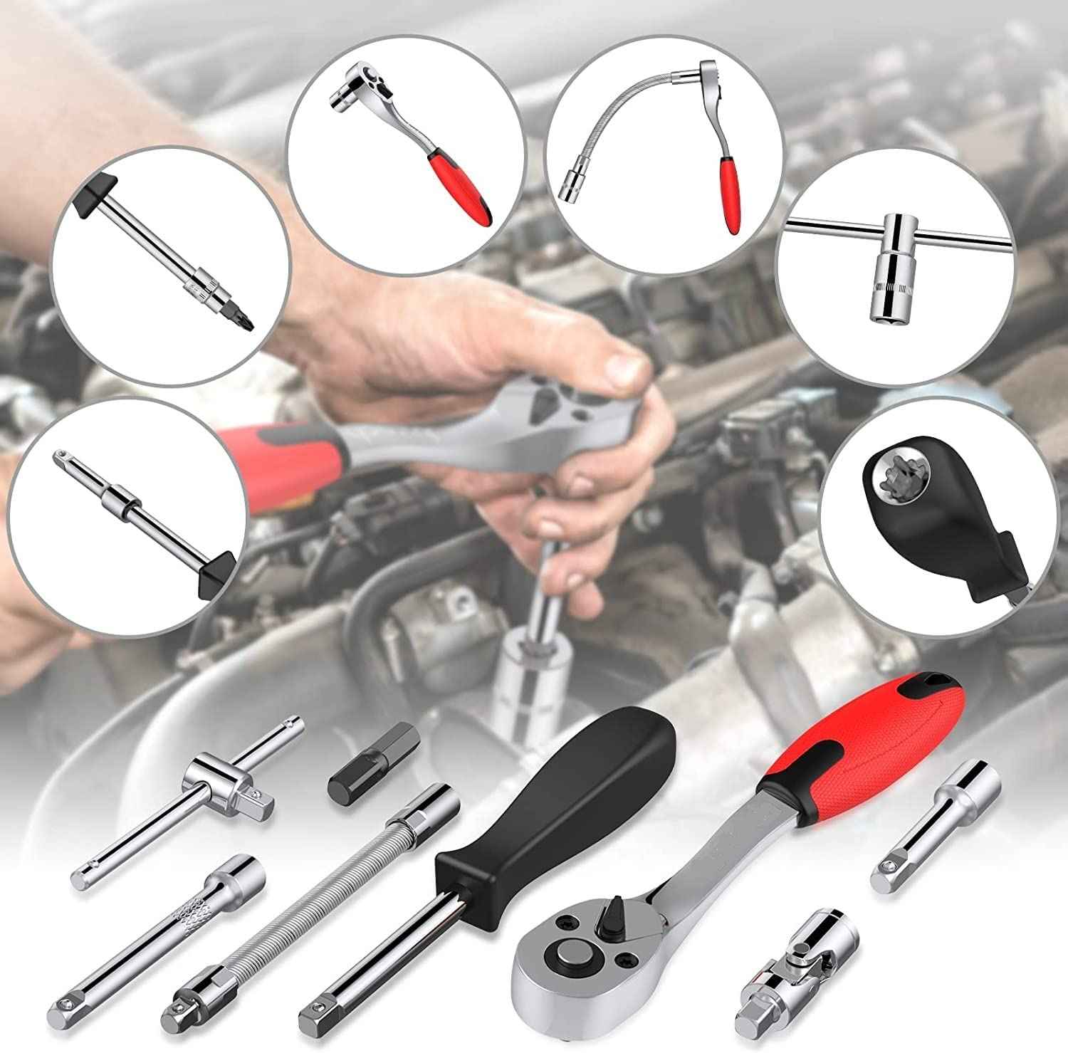 ZSIGNS 46Pcs 1/4 Inch Drive Box End Socket Set,Metric Ratchet Wrench Set With 4-14Mm Cr-V Sockets,S2 Bits,Extension Bars,Mechanic Tool Kits For Household Auto Repair (Black), Chrome Vanadium Steel