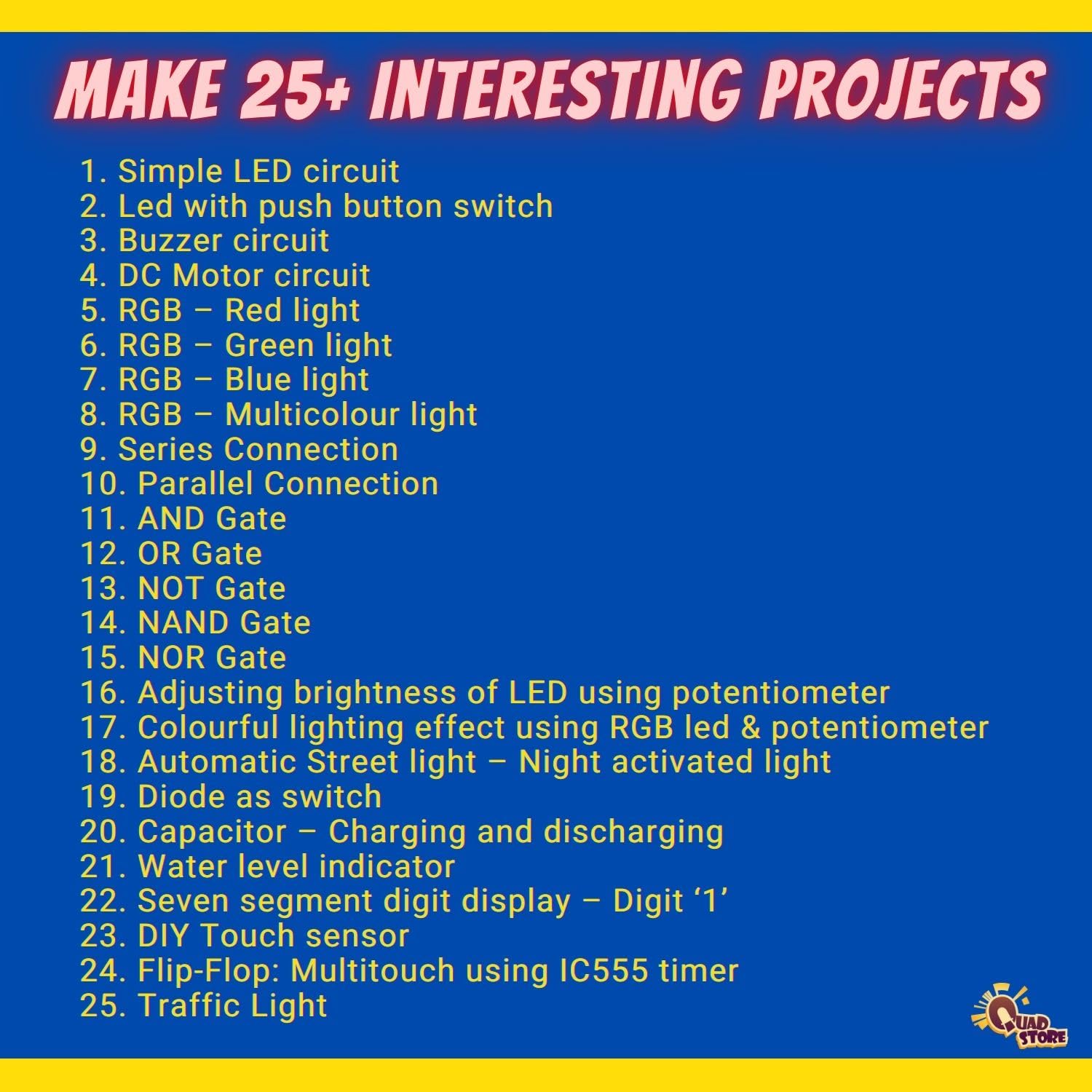 Quad Store Electronics Circuit Breadboard Kit | 25+ DIY STEM Projects With Learning Book | Build LED, Motor & Buzzer Circuits | Ideal Gift for Beginners & Students