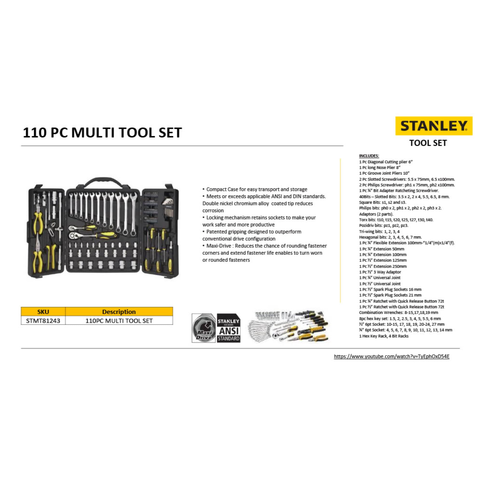 STANLEY STMT81243 110-Piece High Quality Multi-Toolkit containing Pliers, Spanners, Drivers, Sockets, Bits, Wrenches & Ratchets for Home, DIY & Professional Use, 1 Year Warranty, Yellow & Black