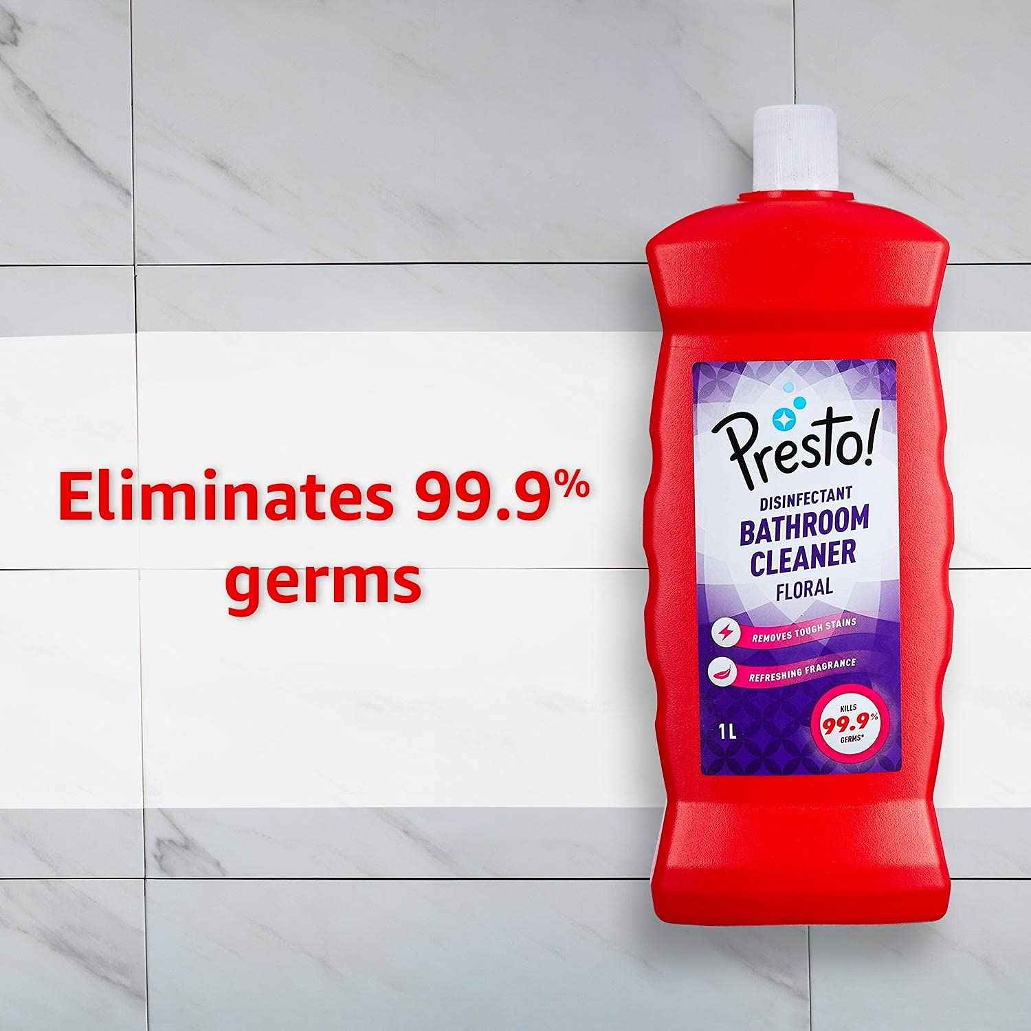Presto Disinfectant Bathroom Cleaner Liquid | Lemon | 1 Litre | Pack of 1 | Kills 99.99% of Germs | Suitable for Bathroom Floors, Slabs, Tiles, Sinks, Taps