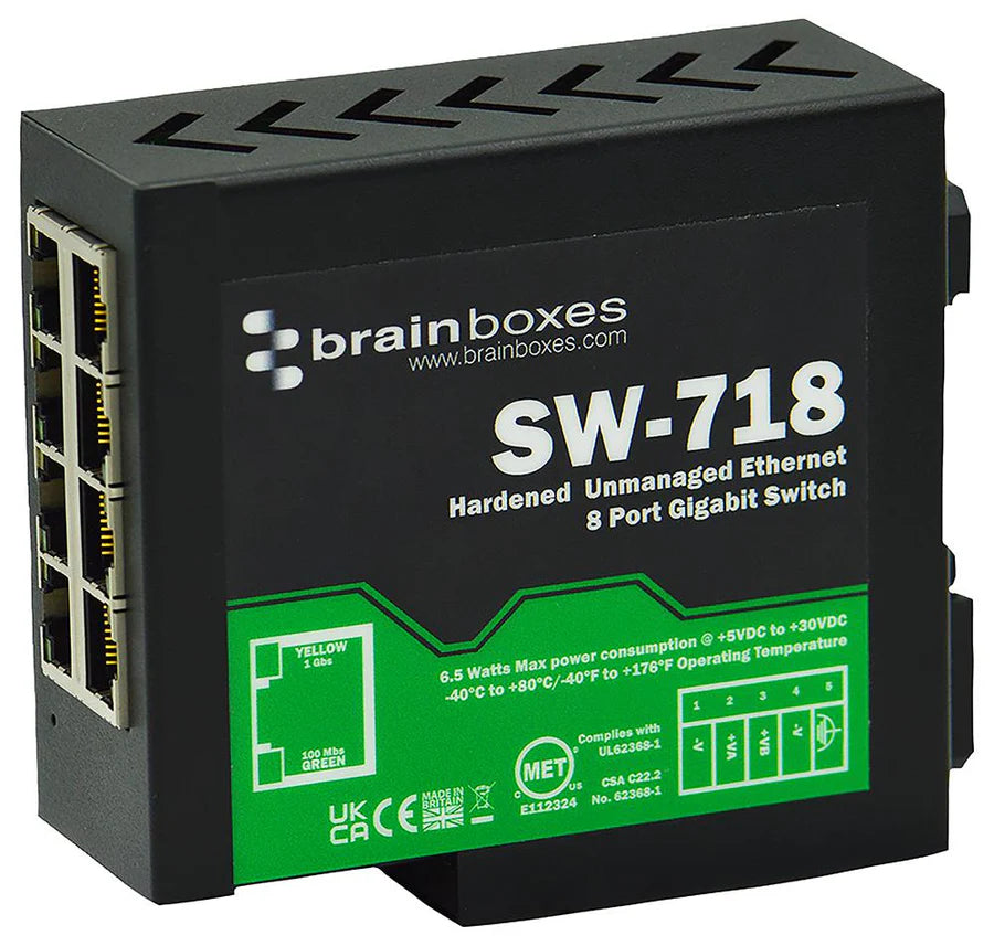 BRAINBOXES SW-718 Switch, Hardened, 8 Ports, Industrial, Gigabit Ethernet, DIN Rail, RJ45 x 8, 10Mbps, 100Mbps, 1Gbps GTIN UPC EAN: 0837324005110