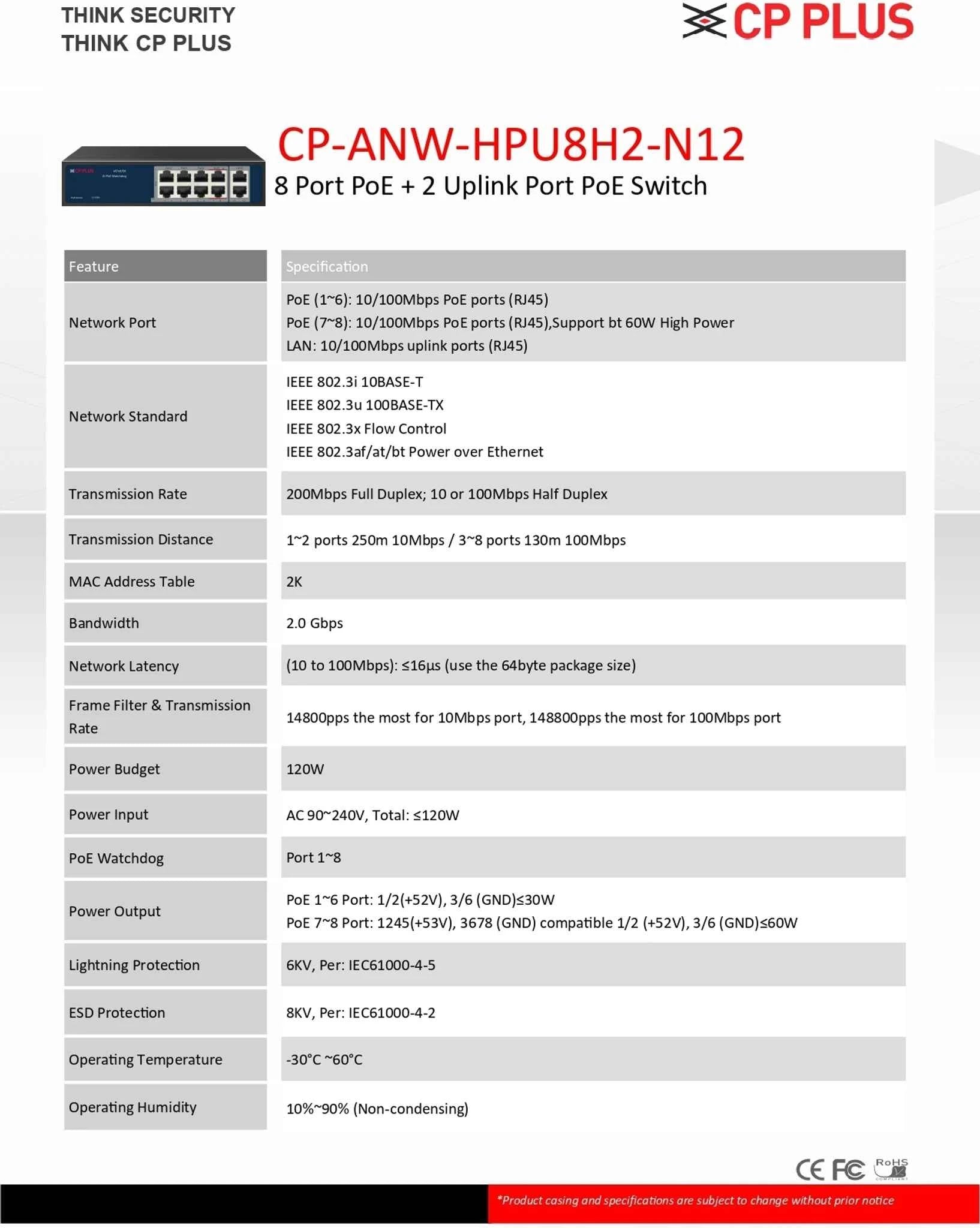 CP PLUS POE SWITCH 8PORT (CP-ANW-HPU8H2-N12)