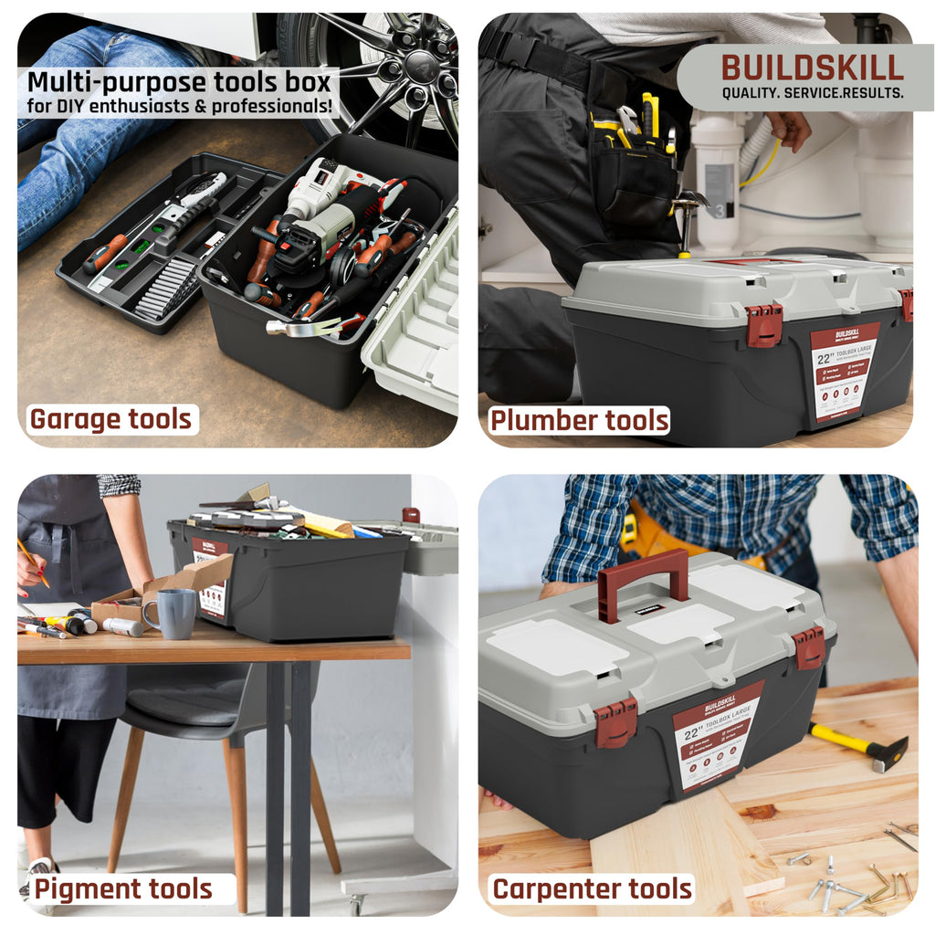 BUILDSKILL 16" Medium Tool Box for Home | Convenient Top Lids & Removable Tool Tray | Secure Latch Lock | Key Hole | Heavy Duty Impact Resistant Body | Ideal Repair Toolbox for DIY & Professional Use