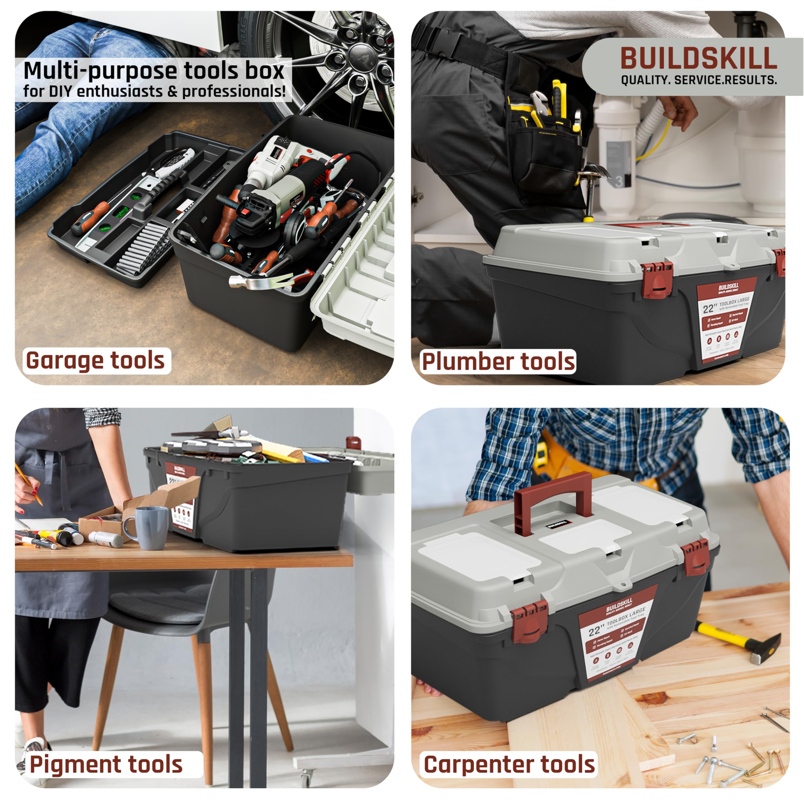 BUILDSKILL 16" Medium Tool Box for Home | Convenient Top Lids & Removable Tool Tray | Secure Latch Lock | Key Hole | Heavy Duty Impact Resistant Body | Ideal Repair Toolbox for DIY & Professional Use