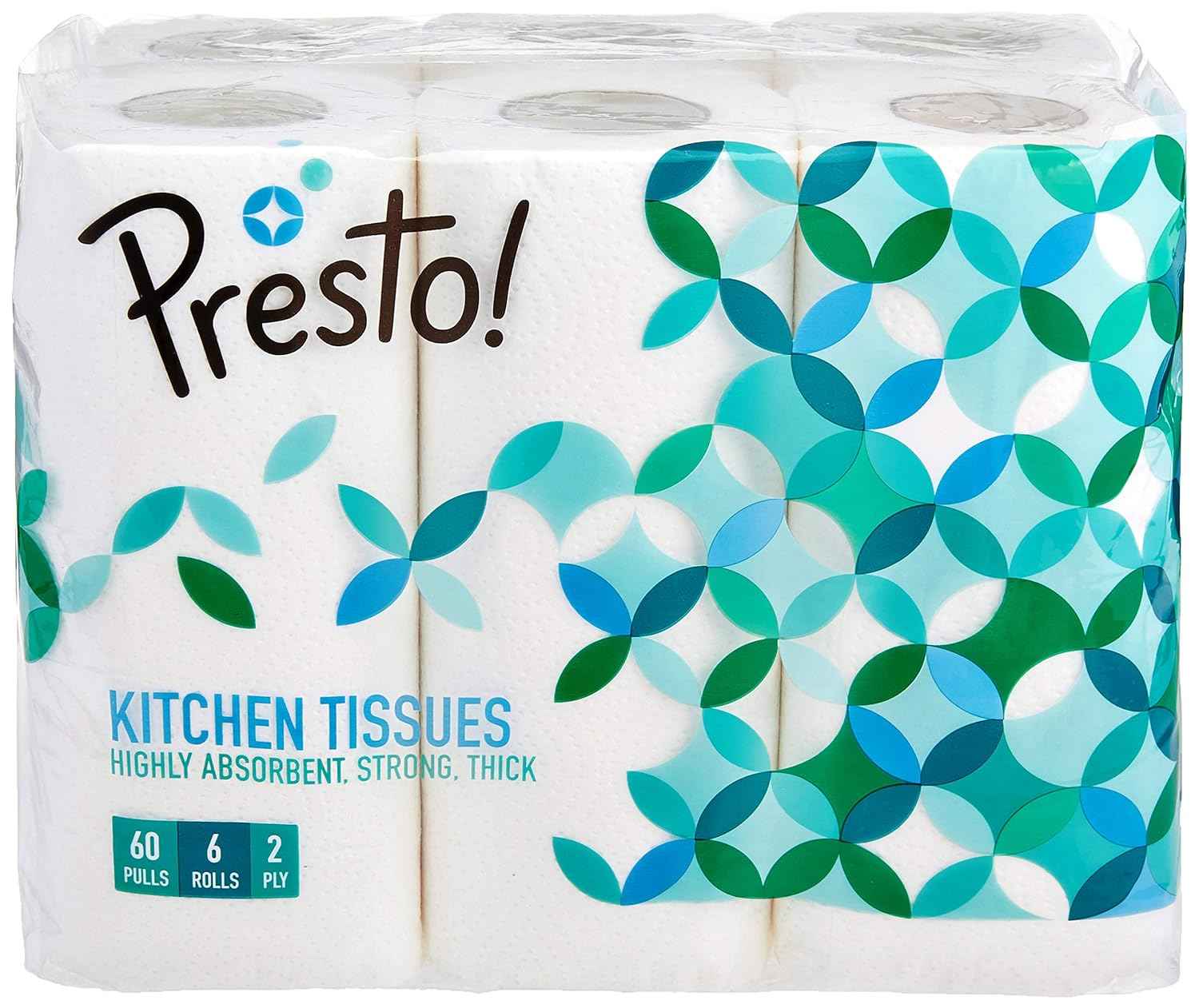 Presto 2 Ply Kitchen Tissue Rolls | 360 Pulls | 60 Kitchen Towels X 6 Rolls | Soft And Highly Absorbent | 100% Natural Virgin Cellulose Fiber