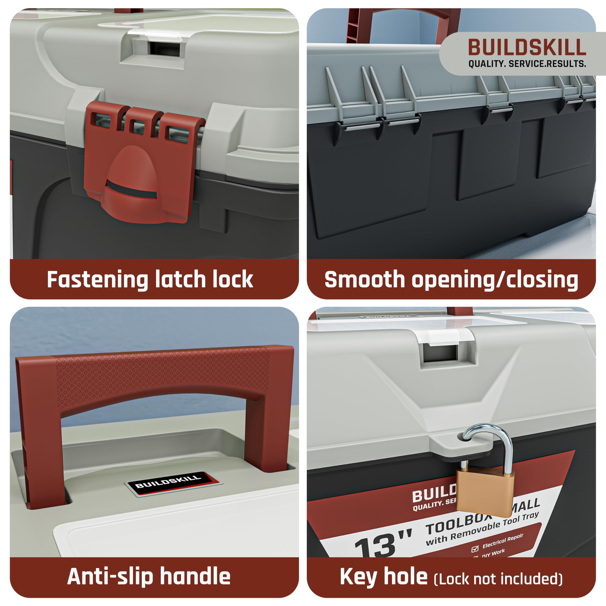 BUILDSKILL 16" Medium Tool Box for Home | Convenient Top Lids & Removable Tool Tray | Secure Latch Lock | Key Hole | Heavy Duty Impact Resistant Body | Ideal Repair Toolbox for DIY & Professional Use