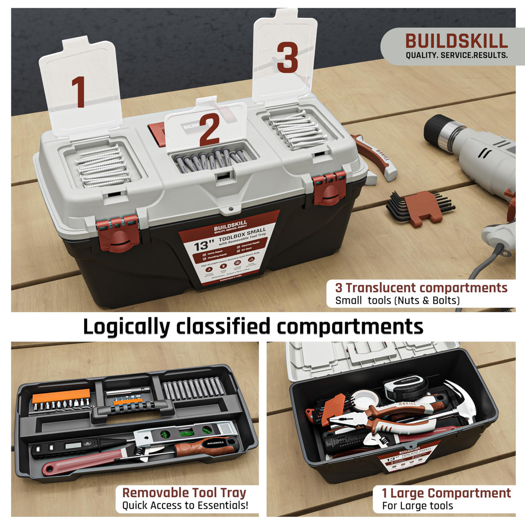 BUILDSKILL 16" Medium Tool Box for Home | Convenient Top Lids & Removable Tool Tray | Secure Latch Lock | Key Hole | Heavy Duty Impact Resistant Body | Ideal Repair Toolbox for DIY & Professional Use