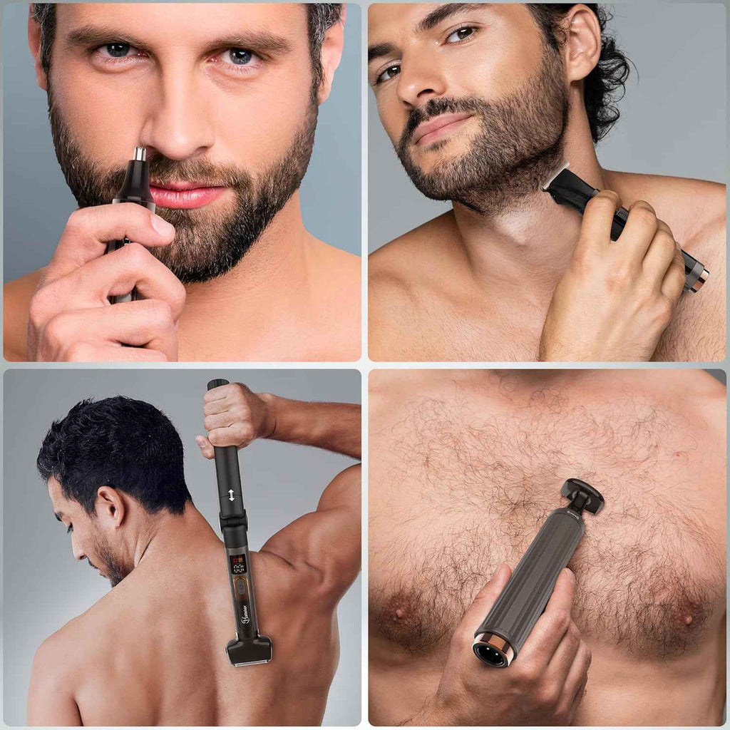 Hatteker Upgraded Mens Electric Back Shaver Body Grooming kit Body Trimmer Facial,Arm,Chin Beard Trimmer Cordless Hair Clipper with Adjustable Extension Handel Waterproof LED Display