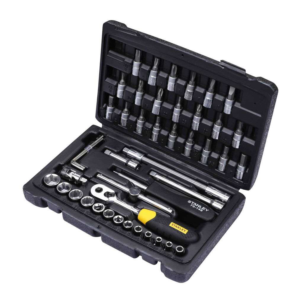 STANLEY STMT81243 110-Piece High Quality Multi-Toolkit containing Pliers, Spanners, Drivers, Sockets, Bits, Wrenches & Ratchets for Home, DIY & Professional Use, 1 Year Warranty, Yellow & Black