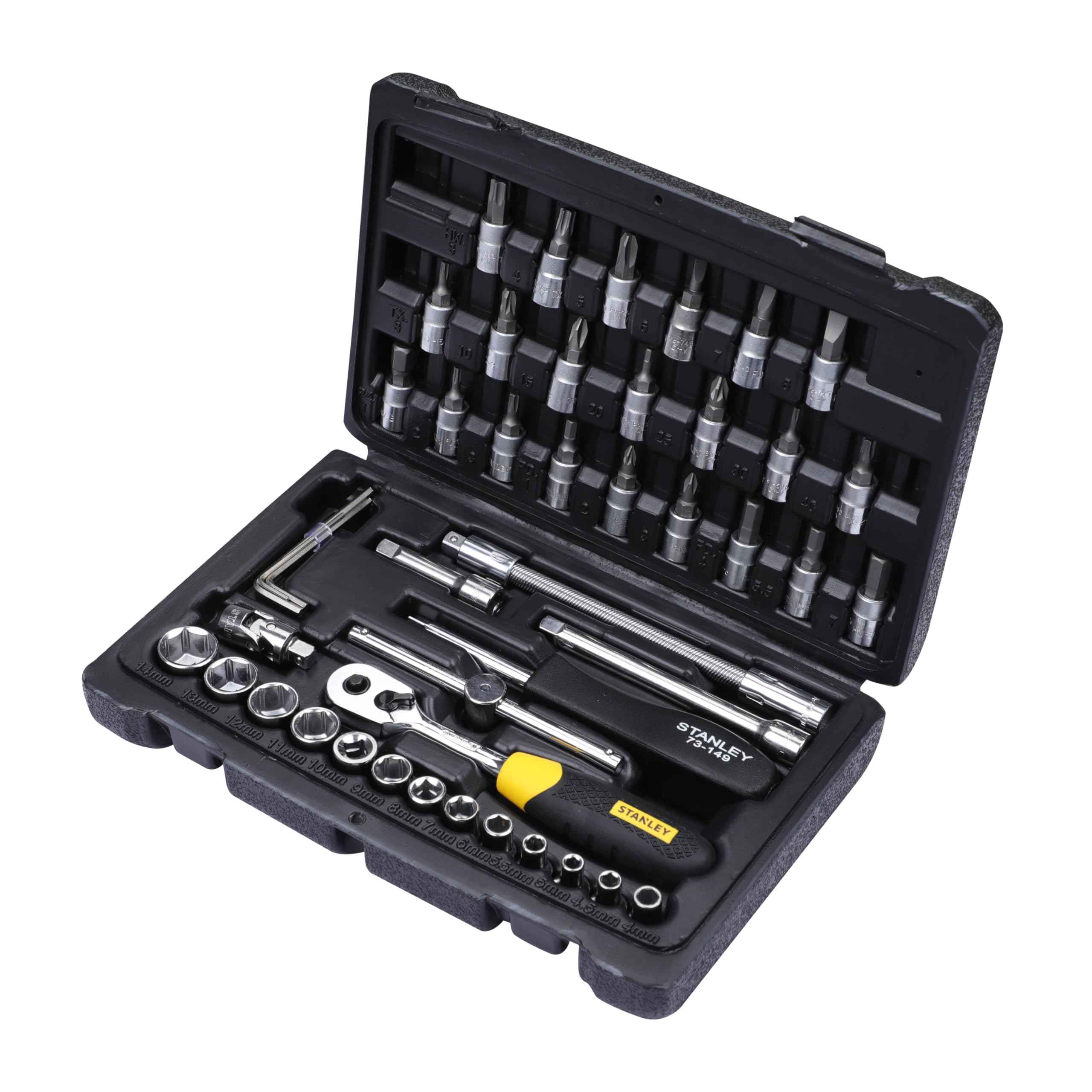 STANLEY STMT81243 110-Piece High Quality Multi-Toolkit containing Pliers, Spanners, Drivers, Sockets, Bits, Wrenches & Ratchets for Home, DIY & Professional Use, 1 Year Warranty, Yellow & Black