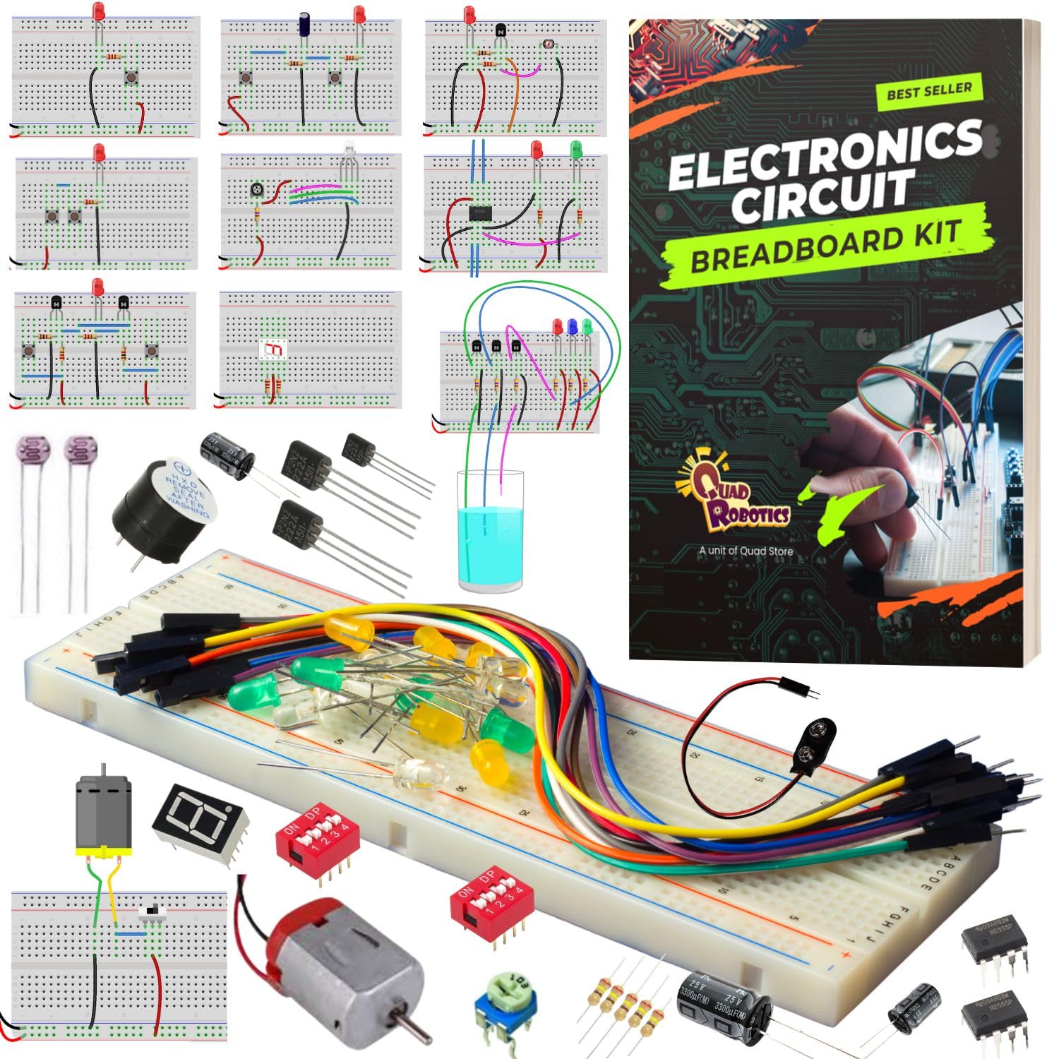 Quad Store Electronics Circuit Breadboard Kit | 25+ DIY STEM Projects With Learning Book | Build LED, Motor & Buzzer Circuits | Ideal Gift for Beginners & Students