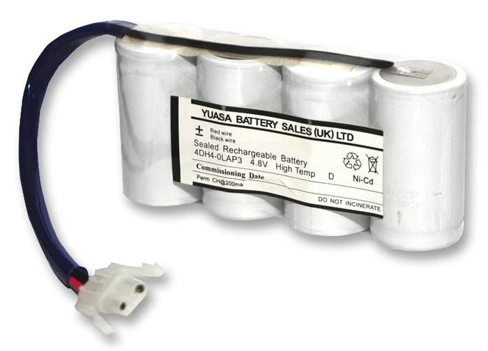 YUASA 4DH4-0LAP3 Rechargeable Battery, High Temperature, Single Cell, 4.8 V, Nickel Cadmium, 4 Ah, 4 x D, Wire Leads