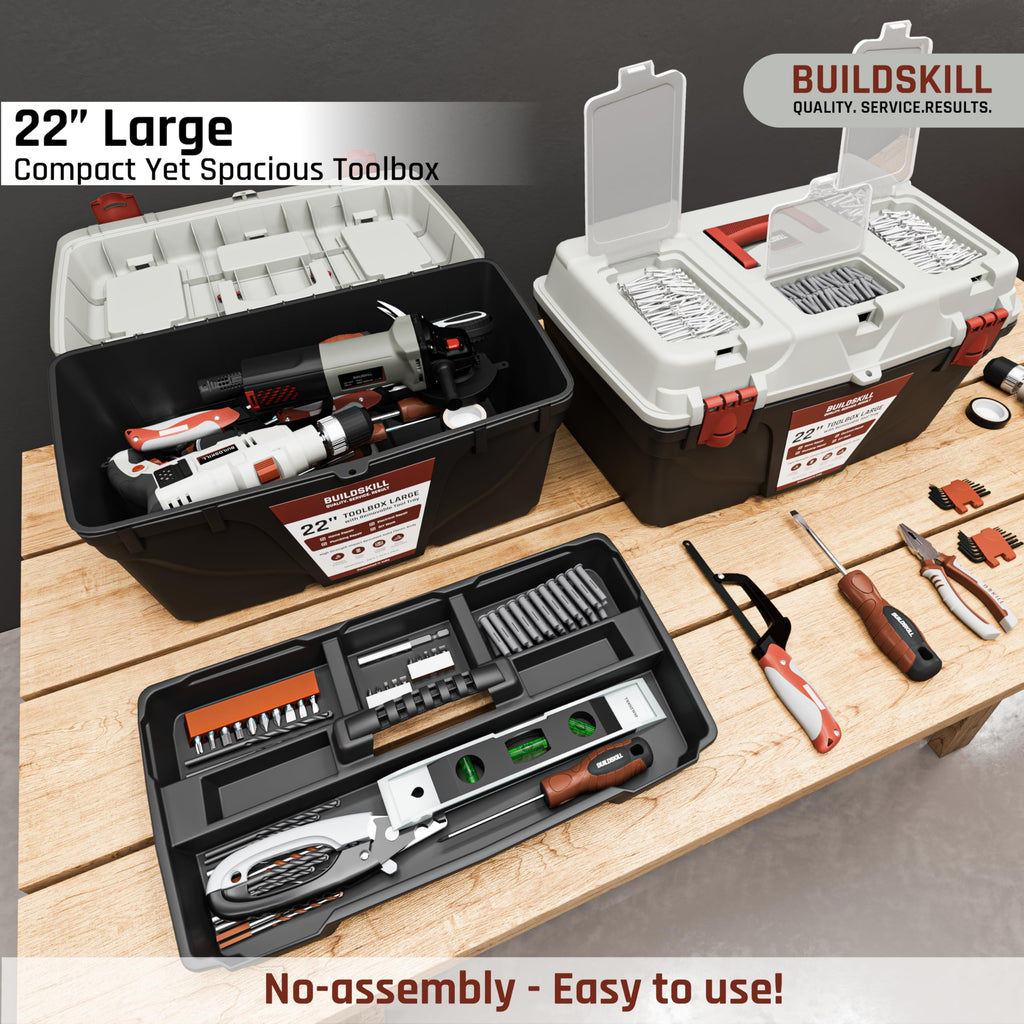 BUILDSKILL 16" Medium Tool Box for Home | Convenient Top Lids & Removable Tool Tray | Secure Latch Lock | Key Hole | Heavy Duty Impact Resistant Body | Ideal Repair Toolbox for DIY & Professional Use
