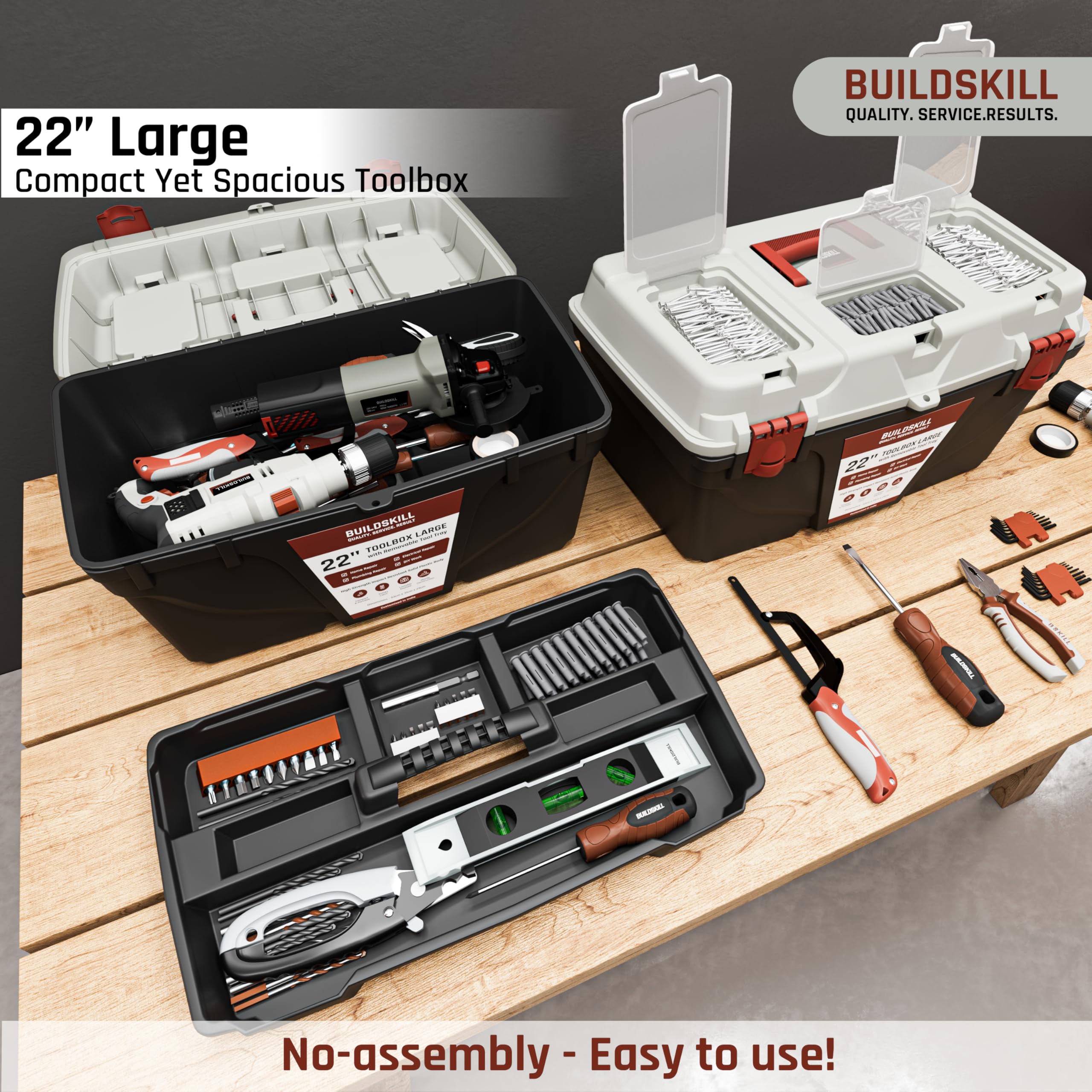 BUILDSKILL 16" Medium Tool Box for Home | Convenient Top Lids & Removable Tool Tray | Secure Latch Lock | Key Hole | Heavy Duty Impact Resistant Body | Ideal Repair Toolbox for DIY & Professional Use