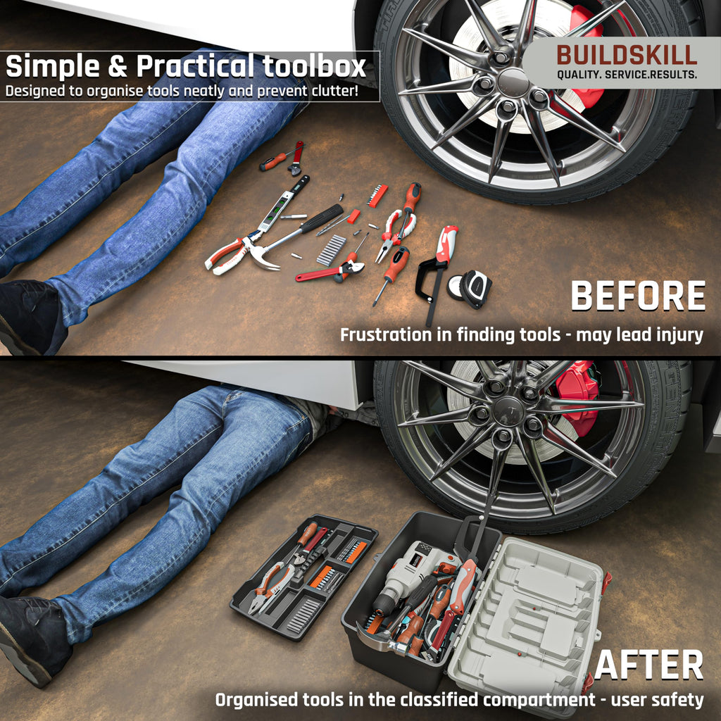 BUILDSKILL 16" Medium Tool Box for Home | Convenient Top Lids & Removable Tool Tray | Secure Latch Lock | Key Hole | Heavy Duty Impact Resistant Body | Ideal Repair Toolbox for DIY & Professional Use