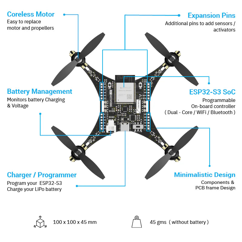 LiteWing - ESP32 based Programmable Drone Development Board with Battery for Makers, Developers and STEM Educators (Ready to Fly)