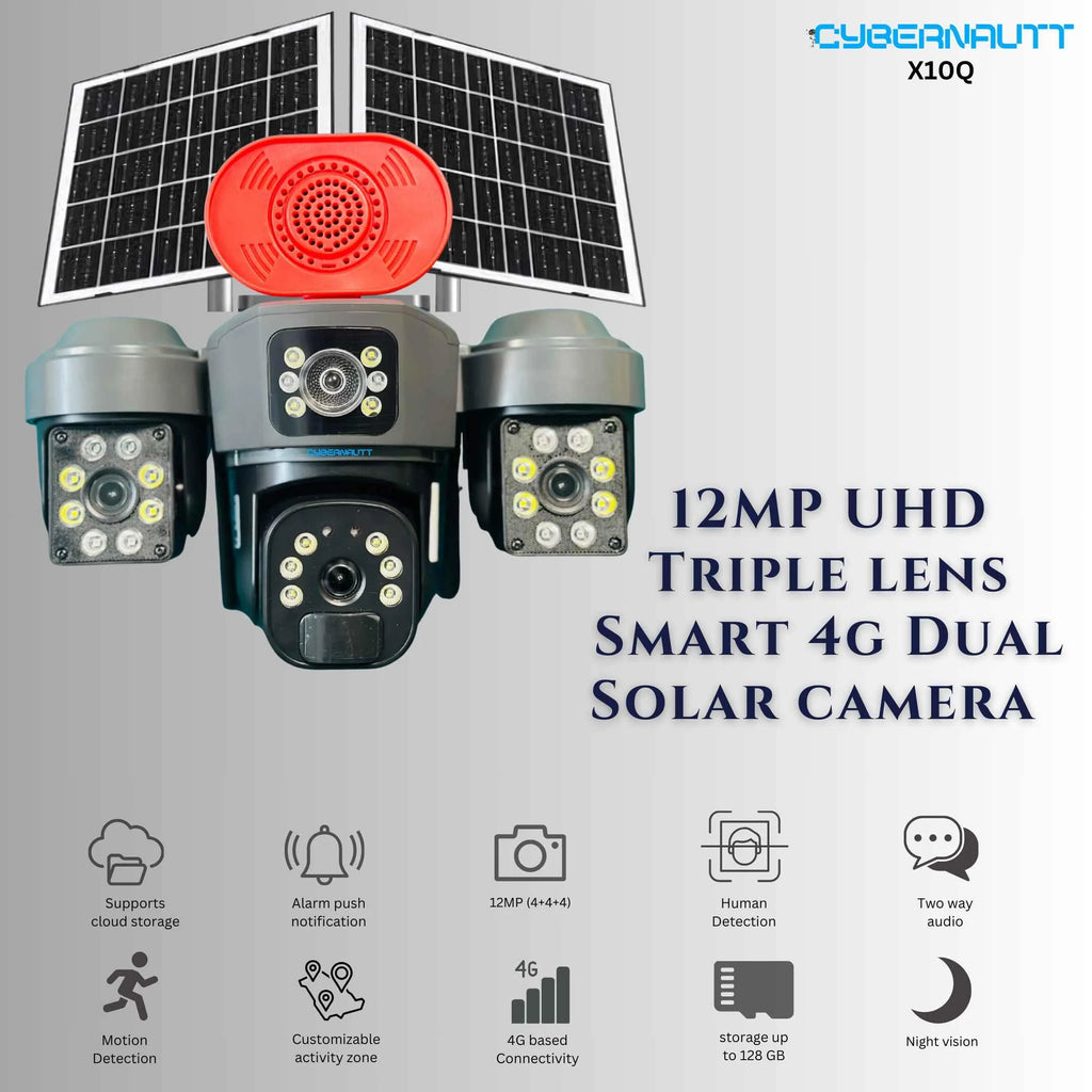 Cybernautt X10Q 4MP+4MP+4MP Triple Lens Full HD Battery Powered & Solar Sim Camera with Human Detection, Motion Detection & 2 Way Audio