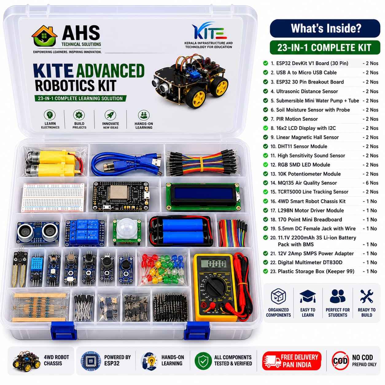 AHS KITE-Inspired Advanced 23-in-1 Robotics & STEM Learning Kit (ESP32 Powered)