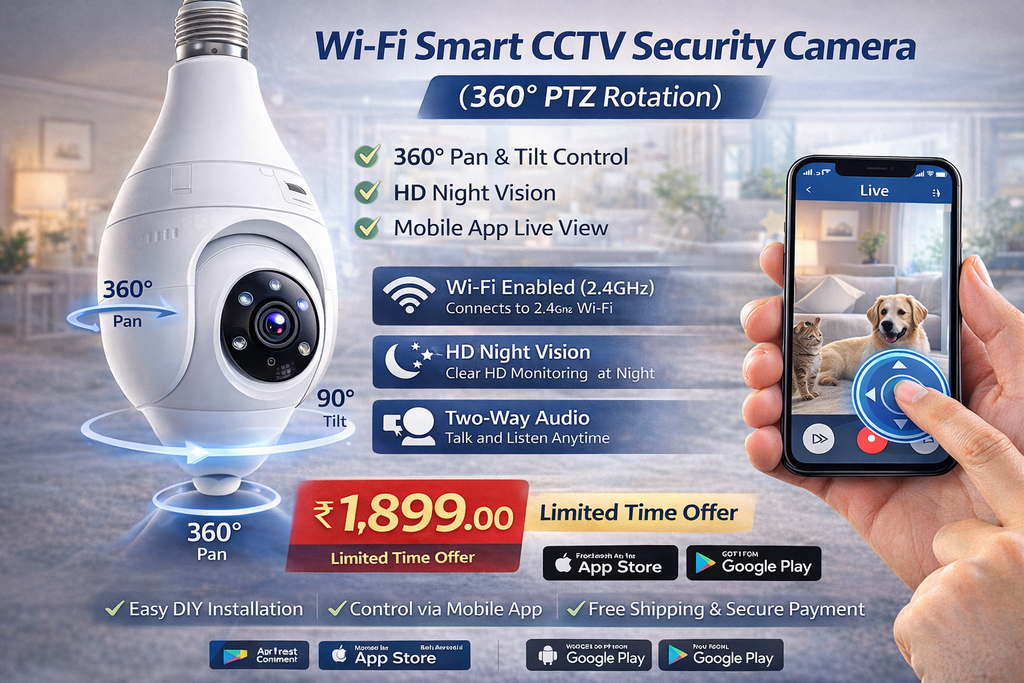 വൈ-ഫൈ സ്മാർട്ട് സിസിടിവി സുരക്ഷാ ക്യാമറ (360° PTZ റൊട്ടേഷൻ) – HD നൈറ്റ് വിഷൻ | മൊബൈൽ ആപ്പ് നിയന്ത്രണം